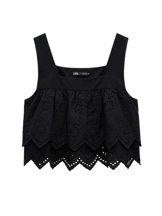 Zara Tops - ZARA Black Eyelet Crochet Sleeveless Cropped Tank Top - Size Medium